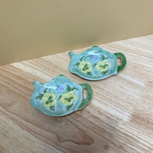 2 Charles Sadek Teabag Caddies Floral Teapot Green Yellow 4”x2.5” NWT